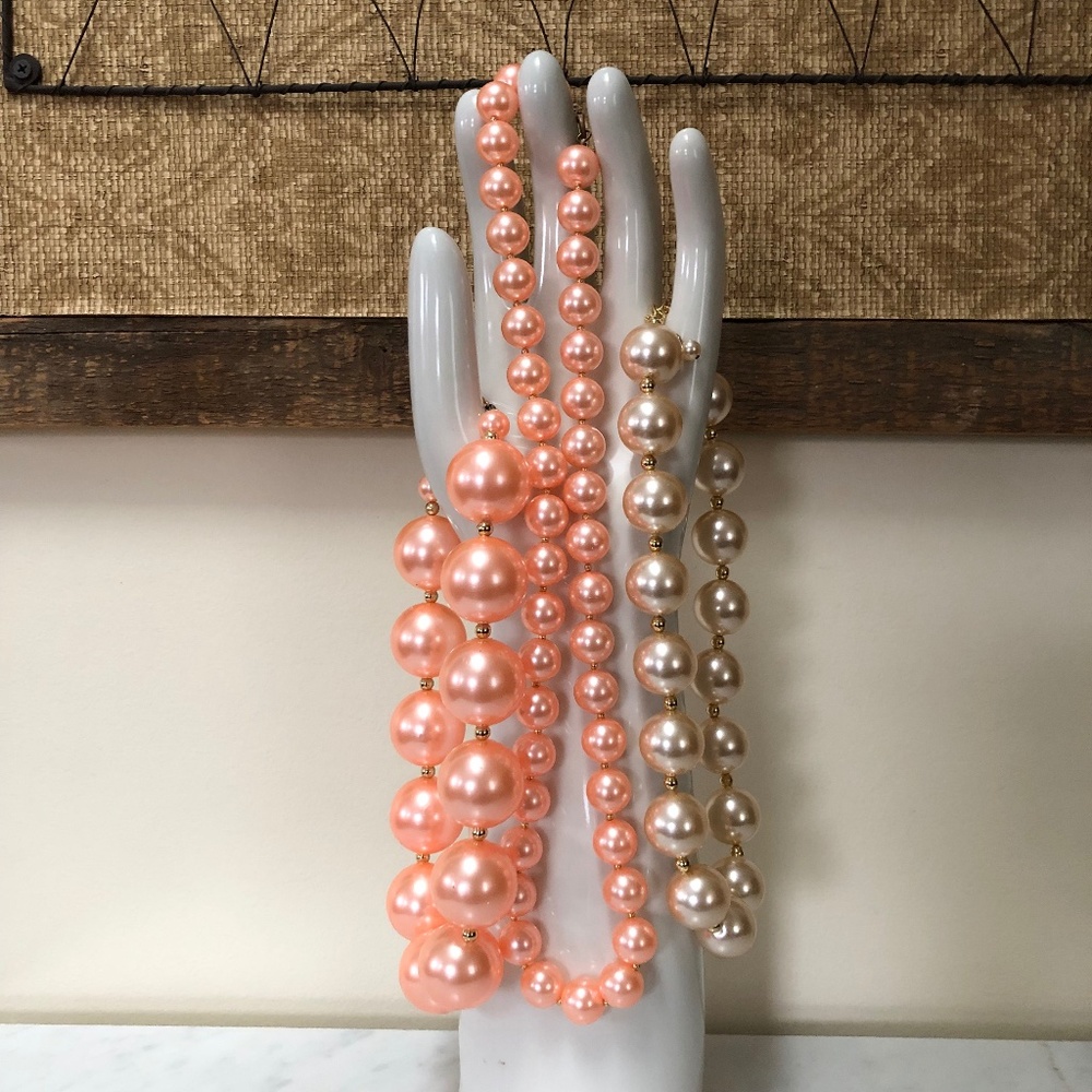 Lot of 3 Vintage Fashion Oversized Statement Faux Peal Necklace Cream Orange